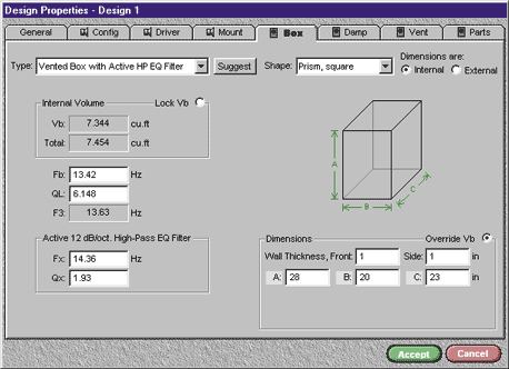 The "Box" tab of the Design Properties window.