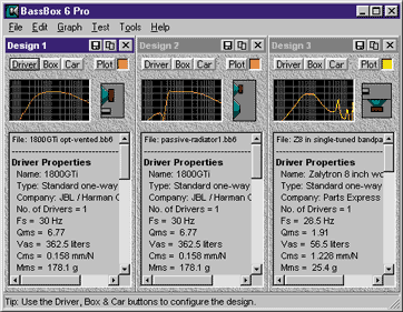 BassBox Pro main window with three open designs.