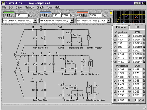 The X•over Pro main window with a 4th-order 3-way crossover network.