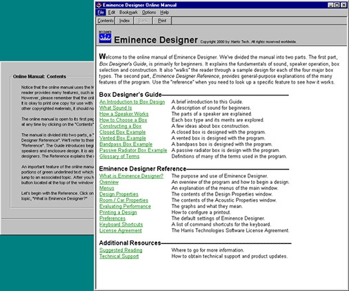 Welcome window (left) and on-screen manual (right)